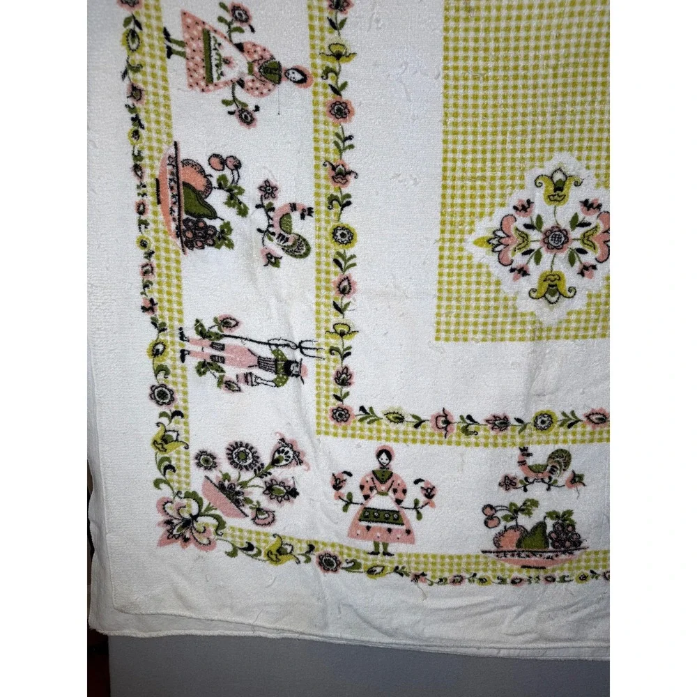 VTG Dutch Folk Art Terry Cloth Tablecloth Pink Green Gingham Farmer Rooster 70s